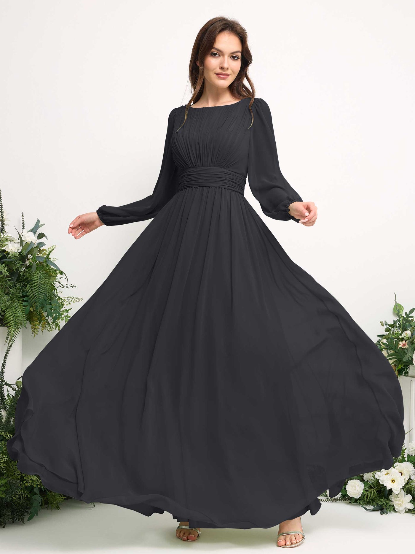 Carlyna Robe trapèze en mousseline avec encolure bateau manches longues pour demoiselle d'honneur Étain #couleur_tain