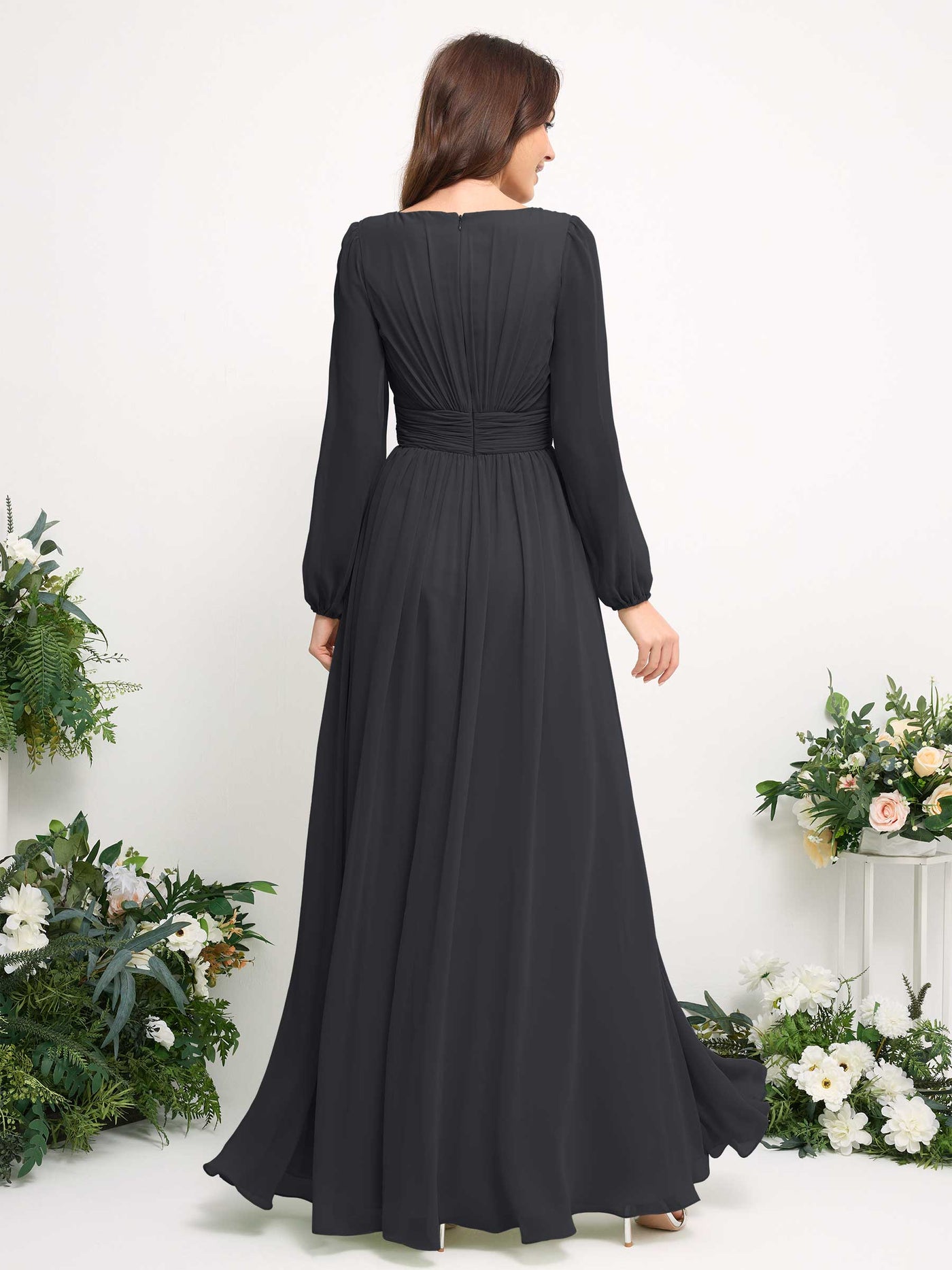 Carlyna Robe trapèze en mousseline avec encolure bateau manches longues pour demoiselle d'honneur Étain #couleur_tain