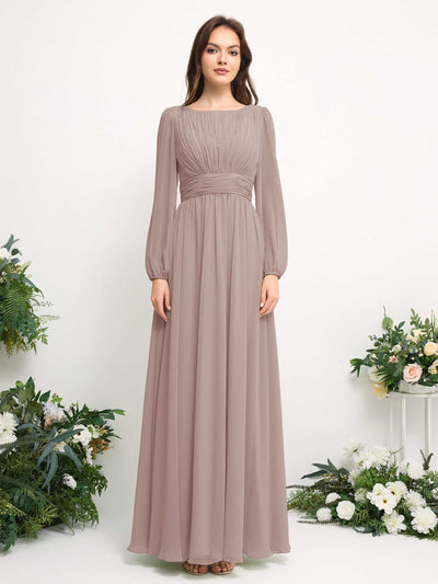 Carlyna Robe trapèze en mousseline avec encolure bateau manches longues pour demoiselle d'honneur Taupe #couleur_taupe