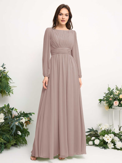 Carlyna Robe trapèze en mousseline avec encolure bateau manches longues pour demoiselle d'honneur Taupe #couleur_taupe