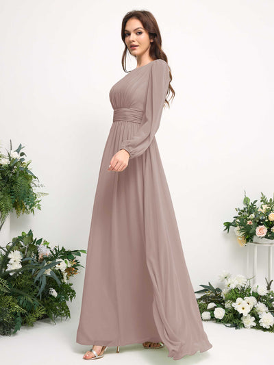 Carlyna Robe trapèze en mousseline avec encolure bateau manches longues pour demoiselle d'honneur Taupe #couleur_taupe