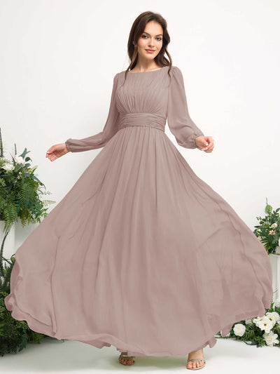 Carlyna Robe trapèze en mousseline avec encolure bateau manches longues pour demoiselle d'honneur Taupe #couleur_taupe