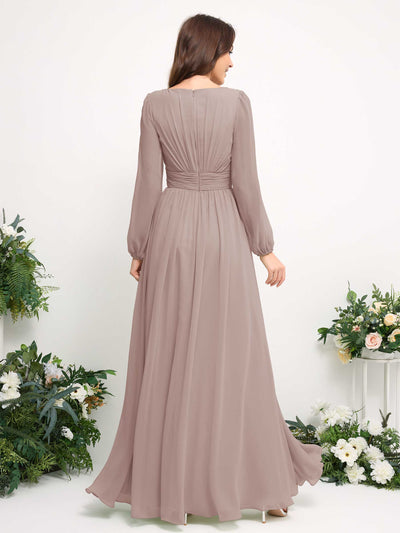 Carlyna Robe trapèze en mousseline avec encolure bateau manches longues pour demoiselle d'honneur Taupe #couleur_taupe