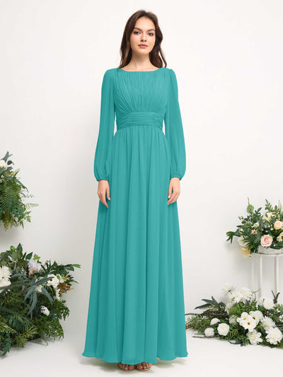 Carlyna Robe trapèze en mousseline avec encolure bateau manches longues pour demoiselle d'honneur Turquoise #couleur_turquoise