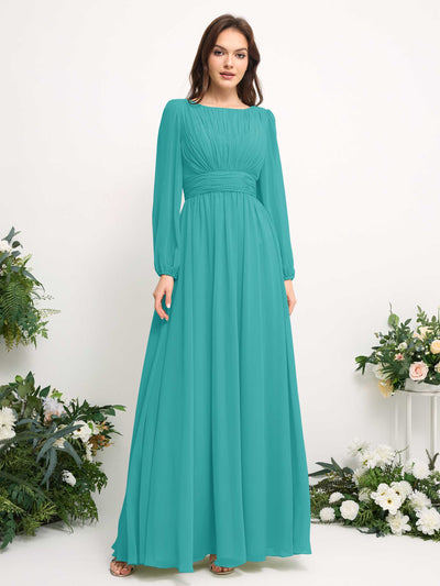 Carlyna Robe trapèze en mousseline avec encolure bateau manches longues pour demoiselle d'honneur Turquoise #couleur_turquoise