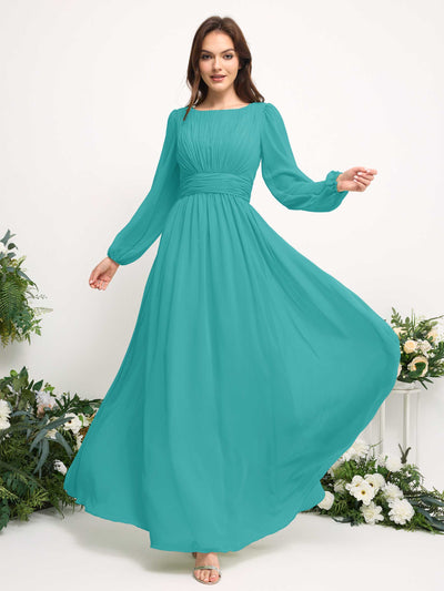 Carlyna Robe trapèze en mousseline avec encolure bateau manches longues pour demoiselle d'honneur Turquoise #couleur_turquoise