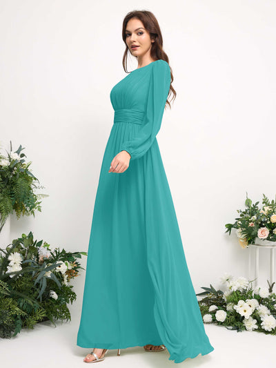 Carlyna Robe trapèze en mousseline avec encolure bateau manches longues pour demoiselle d'honneur Turquoise #couleur_turquoise