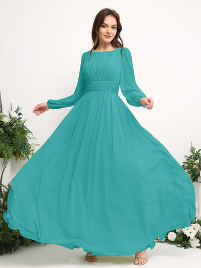 Carlyna Robe trapèze en mousseline avec encolure bateau manches longues pour demoiselle d'honneur Turquoise #couleur_turquoise