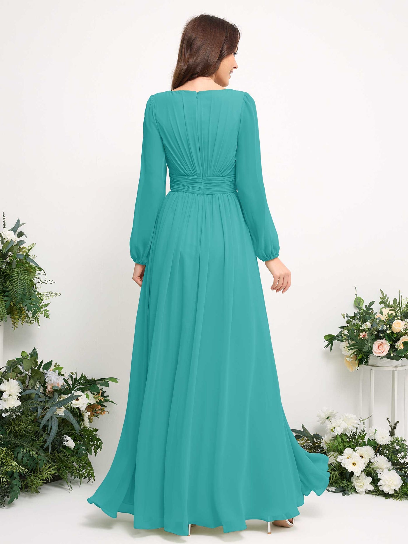 Carlyna Robe trapèze en mousseline avec encolure bateau manches longues pour demoiselle d'honneur Turquoise #couleur_turquoise