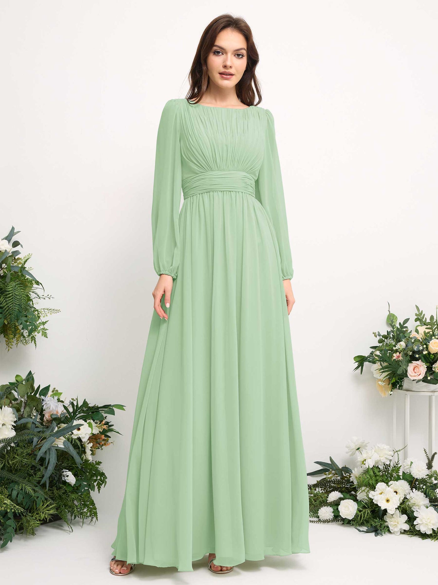 Carlyna Robe trapèze en mousseline avec encolure bateau manches longues pour demoiselle d'honneur Vert Menthe #couleur_vert-menthe