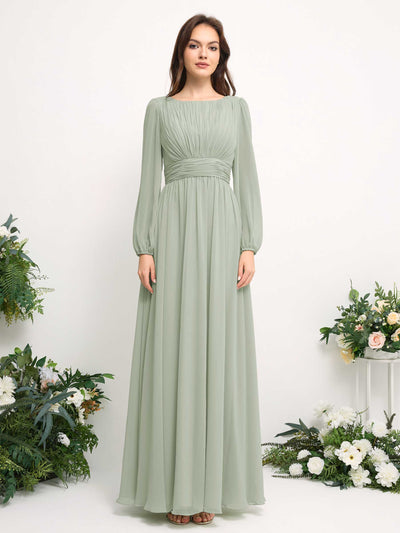 Carlyna Robe trapèze en mousseline avec encolure bateau manches longues pour demoiselle d'honneur Vert Sauge Foncé #couleur_vert-sauge-fonc