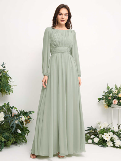 Carlyna Robe trapèze en mousseline avec encolure bateau manches longues pour demoiselle d'honneur Vert Sauge Foncé #couleur_vert-sauge-fonc