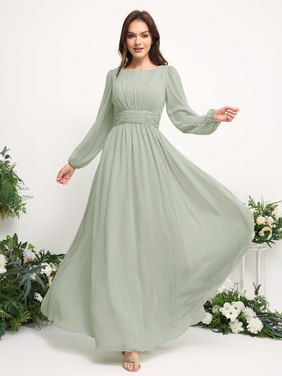 Carlyna Robe trapèze en mousseline avec encolure bateau manches longues pour demoiselle d'honneur Vert Sauge Foncé #couleur_vert-sauge-fonc