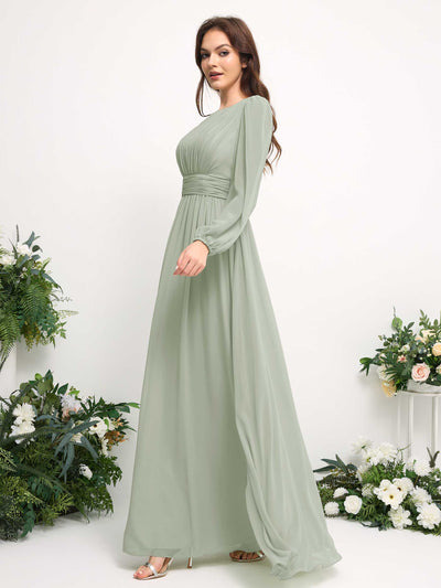 Carlyna Robe trapèze en mousseline avec encolure bateau manches longues pour demoiselle d'honneur Vert Sauge Foncé #couleur_vert-sauge-fonc