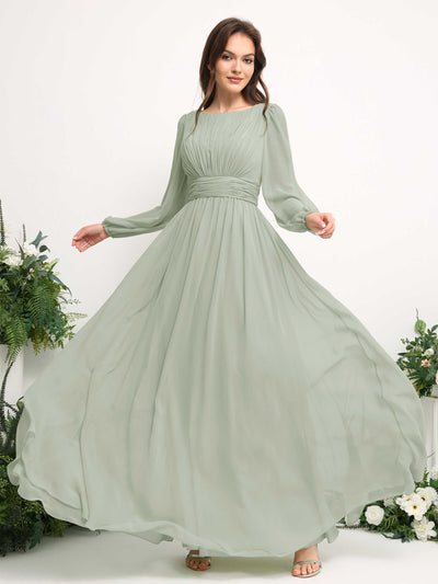 Carlyna Robe trapèze en mousseline avec encolure bateau manches longues pour demoiselle d'honneur Vert Sauge Foncé #couleur_vert-sauge-fonc