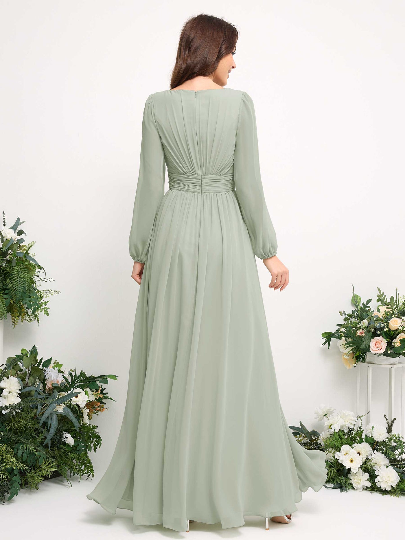 Carlyna Robe trapèze en mousseline avec encolure bateau manches longues pour demoiselle d'honneur Vert Sauge Foncé #couleur_vert-sauge-fonc
