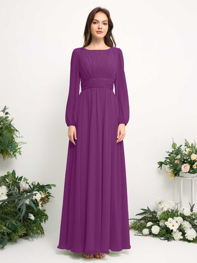 Carlyna Robe trapèze en mousseline avec encolure bateau manches longues pour demoiselle d'honneur Violet #couleur_violet