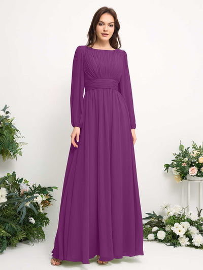 Carlyna Robe trapèze en mousseline avec encolure bateau manches longues pour demoiselle d'honneur Violet #couleur_violet
