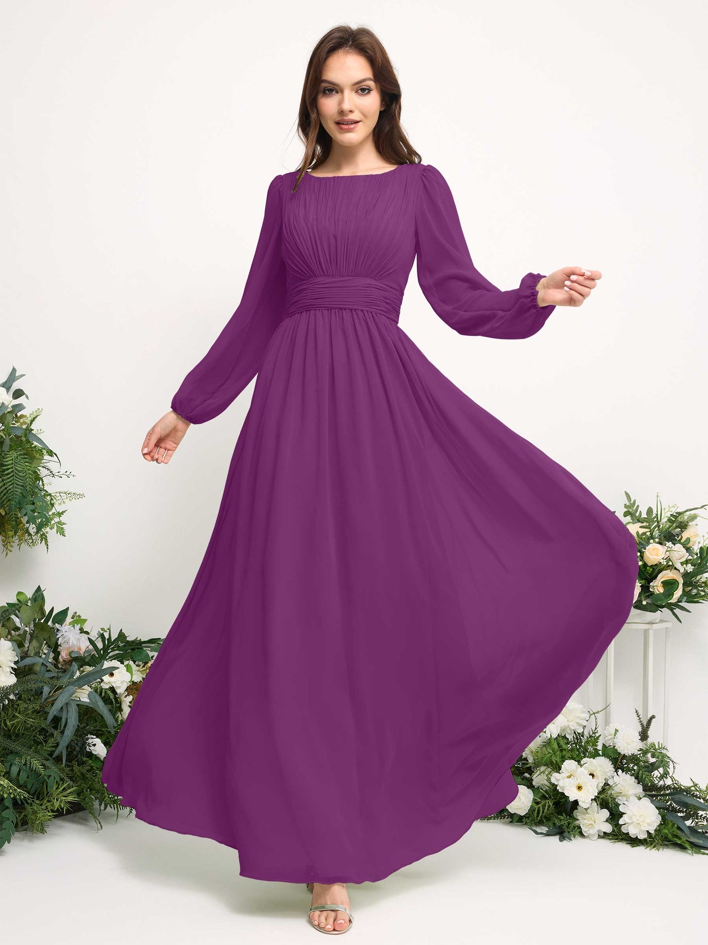 Carlyna Robe trapèze en mousseline avec encolure bateau manches longues pour demoiselle d'honneur Violet #couleur_violet