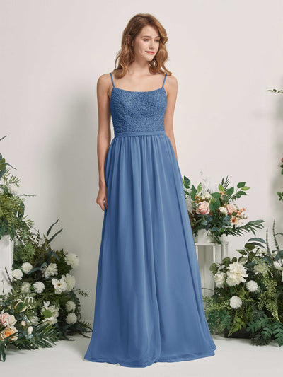 Carlyna Robe Trapèze Encolure dégagée Longue Mousseline Robes de demoiselle d'honneur Bleu Poussiéreux #couleur_bleu-poussi-reux