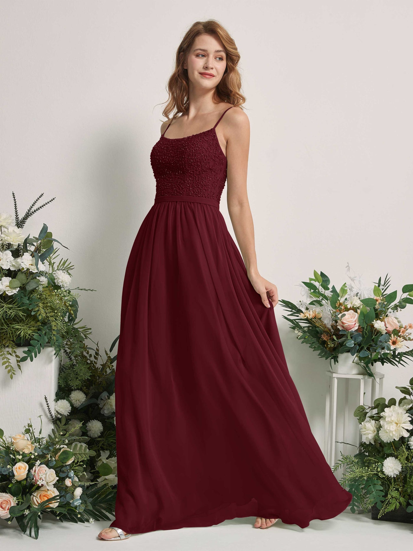 Carlyna Robe Trapèze Encolure dégagée Longue Mousseline Robes de demoiselle d'honneur Bordeaux #couleur_bordeaux