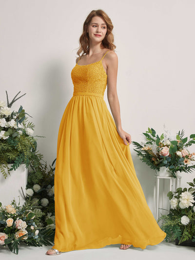 Carlyna Robe Trapèze Encolure dégagée Longue Mousseline Robes de demoiselle d'honneur Jaune Moutard #couleur_jaune-moutard