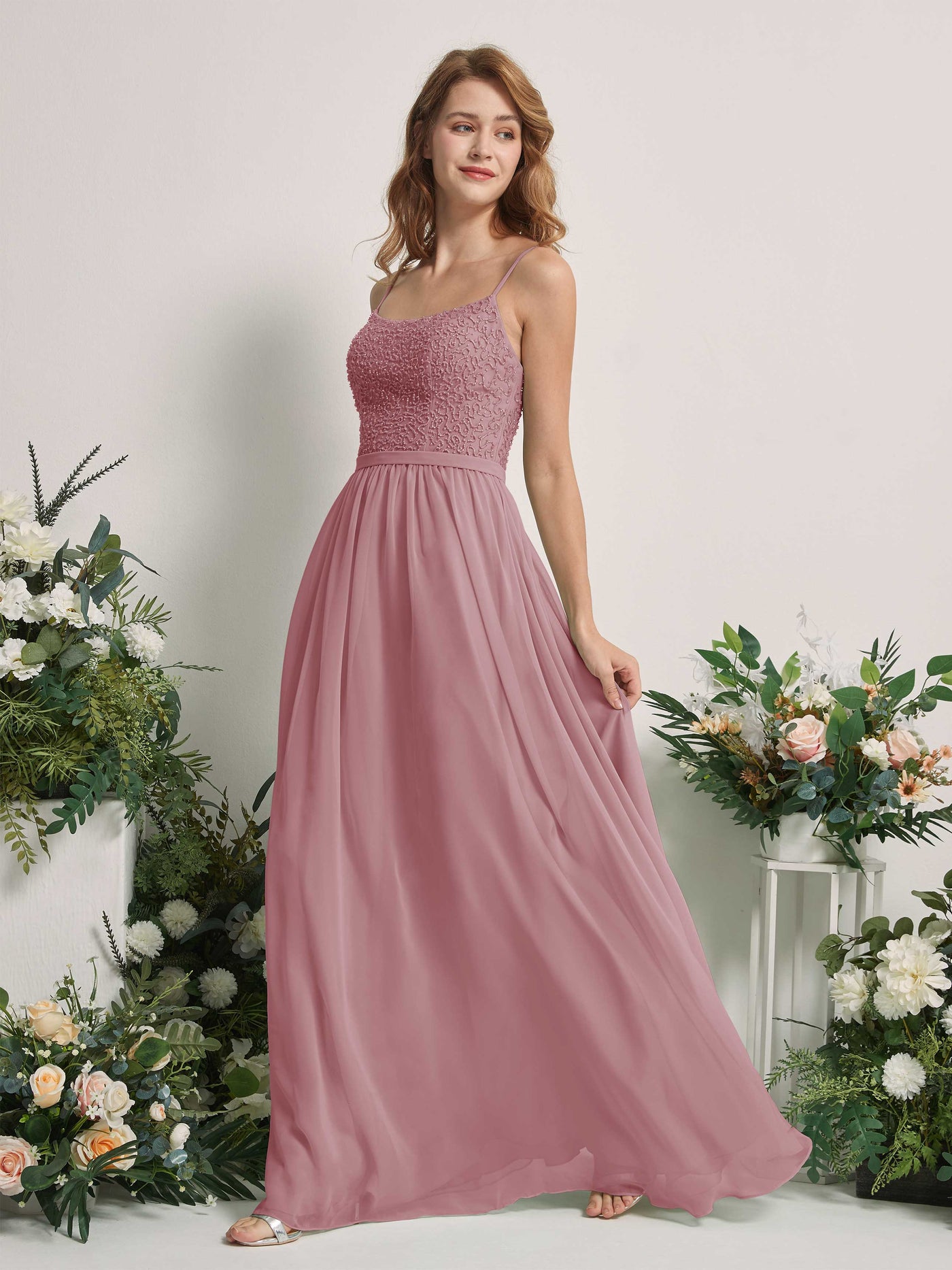 Carlyna Robe Trapèze Encolure dégagée Longue Mousseline Robes de demoiselle d'honneur Mauve Vintage #couleur_mauve-vintage