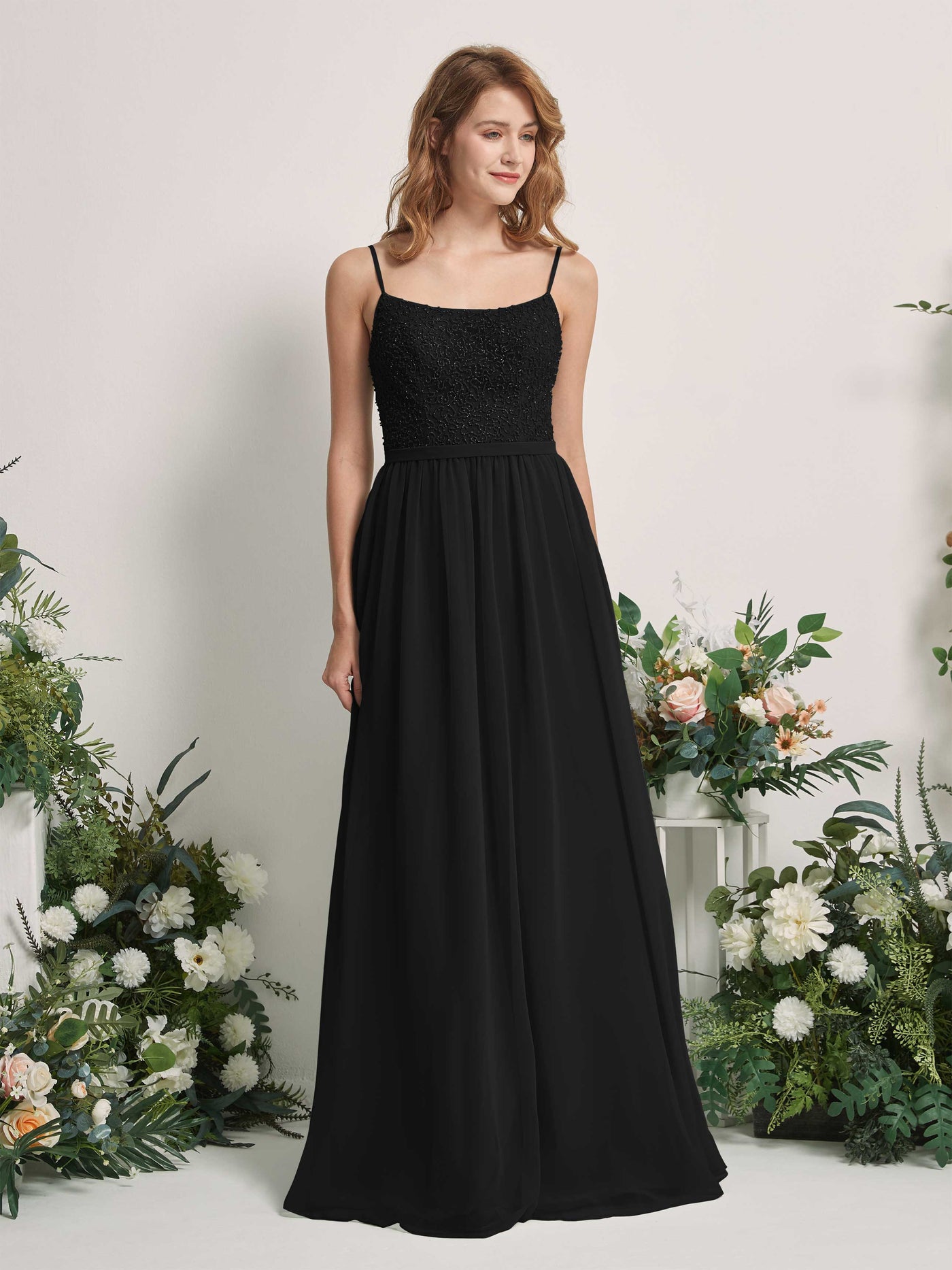 Carlyna Robe Trapèze Encolure dégagée Longue Mousseline Robes de demoiselle d'honneur Noir #couleur_noir