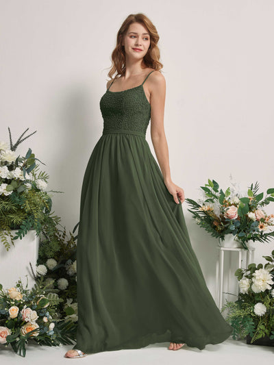 Carlyna Robe Trapèze Encolure dégagée Longue Mousseline Robes de demoiselle d'honneur Olive Martini #couleur_olive-martini