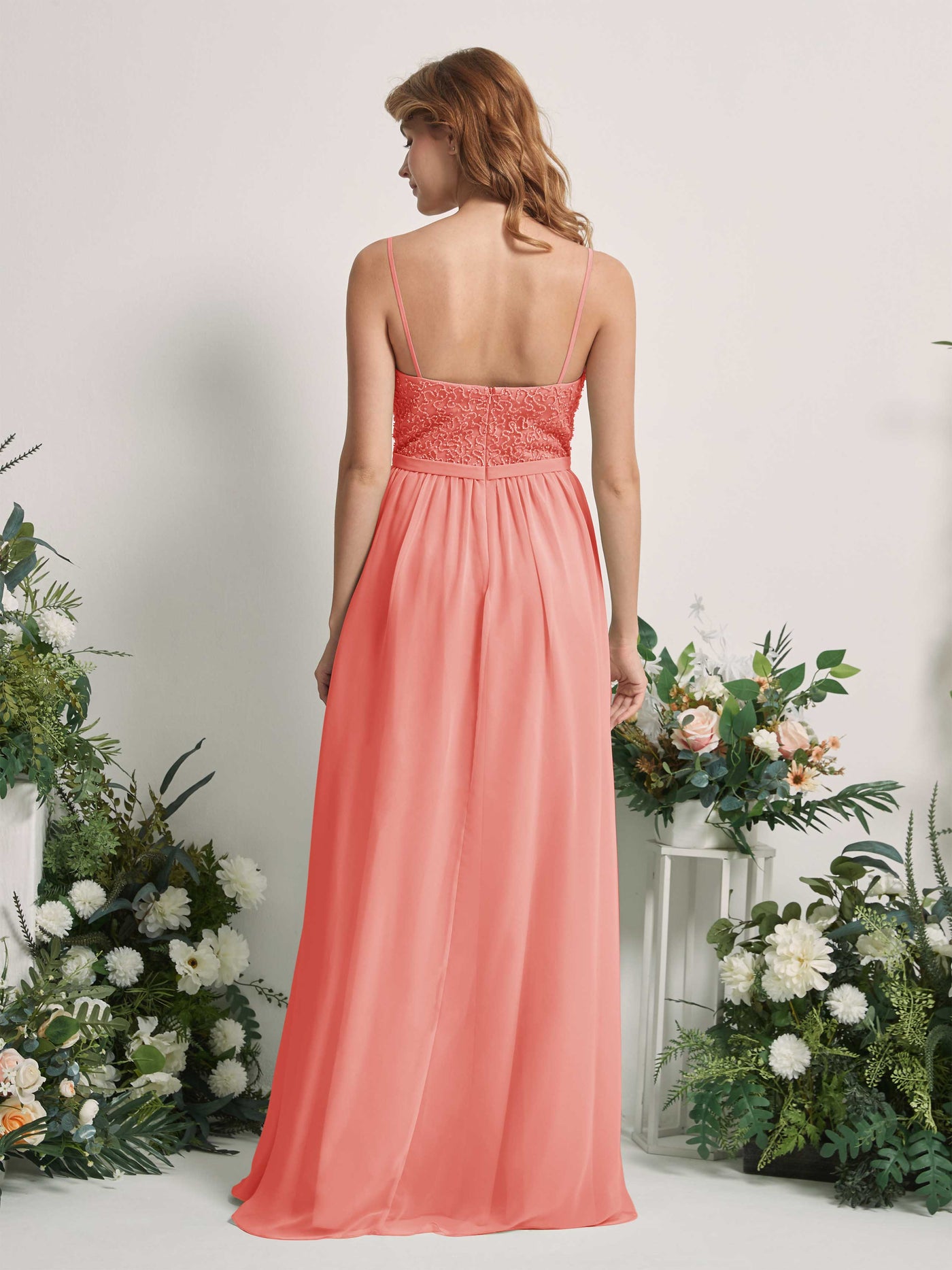 Carlyna Robe Trapèze Encolure dégagée Longue Mousseline Robes de demoiselle d'honneur Rose Pêche #couleur_rose-p-che