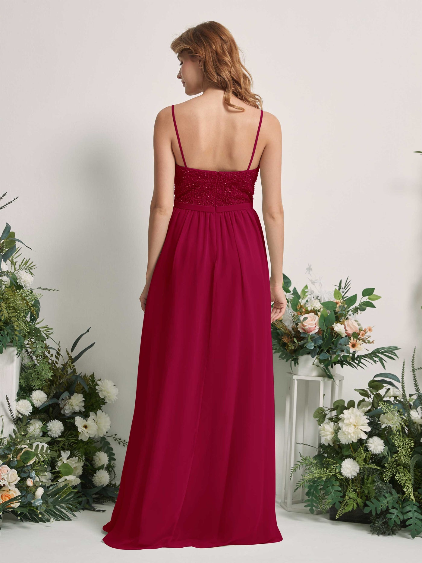 Carlyna Robe Trapèze Encolure dégagée Longue Mousseline Robes de demoiselle d'honneur Rouge Bouffon #couleur_rouge-bouffon