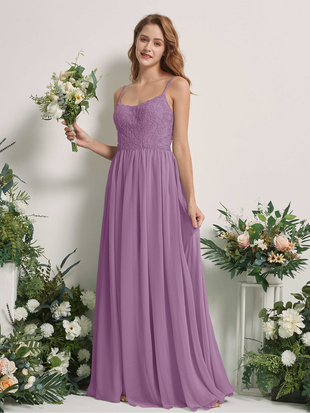 Carlyna Robe trapèze encolure dégagée longueur ras du sol mousseline demoiselle d&