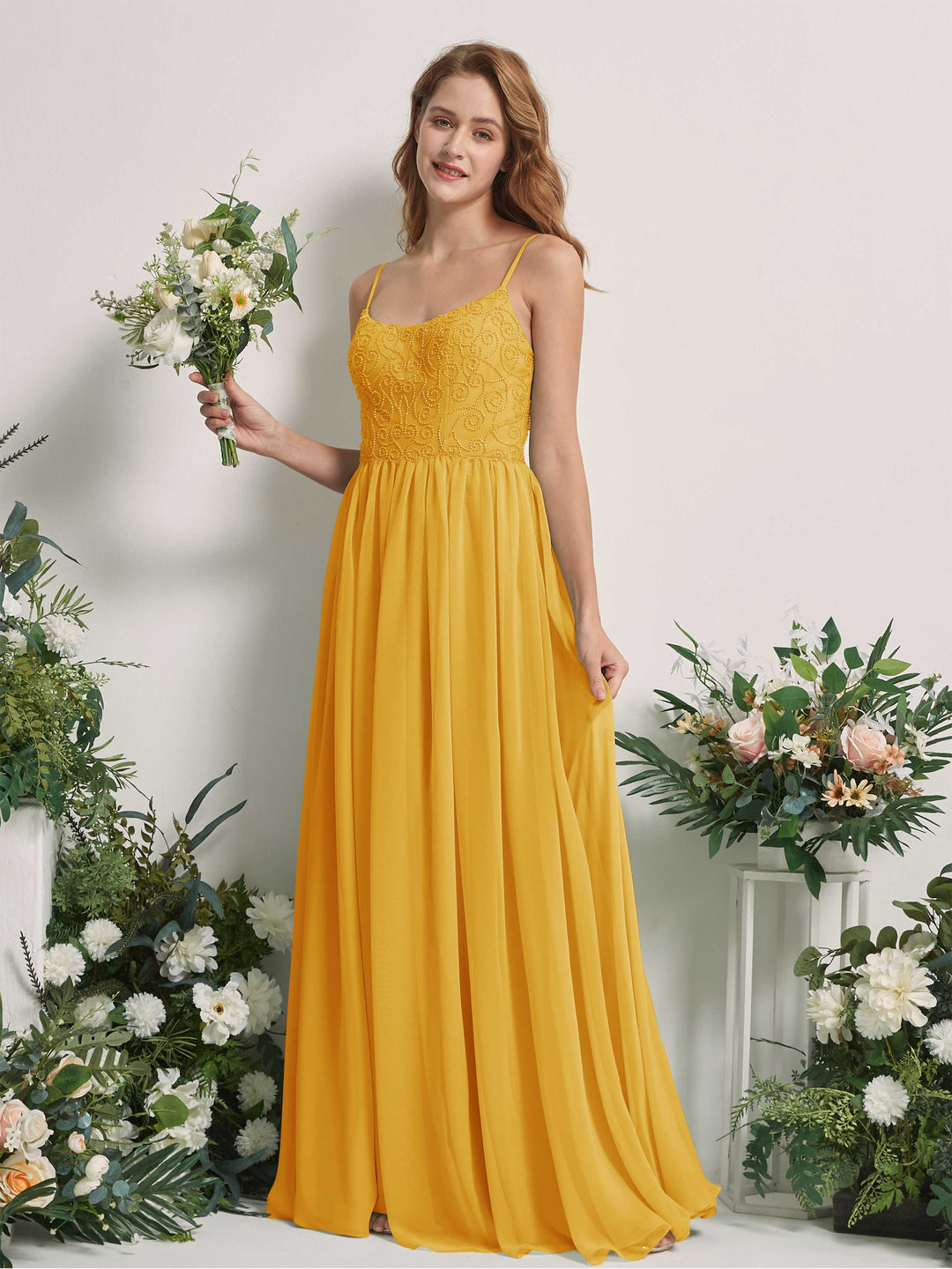 Carlyna Robe trapèze encolure dégagée longueur ras du sol mousseline demoiselle d&