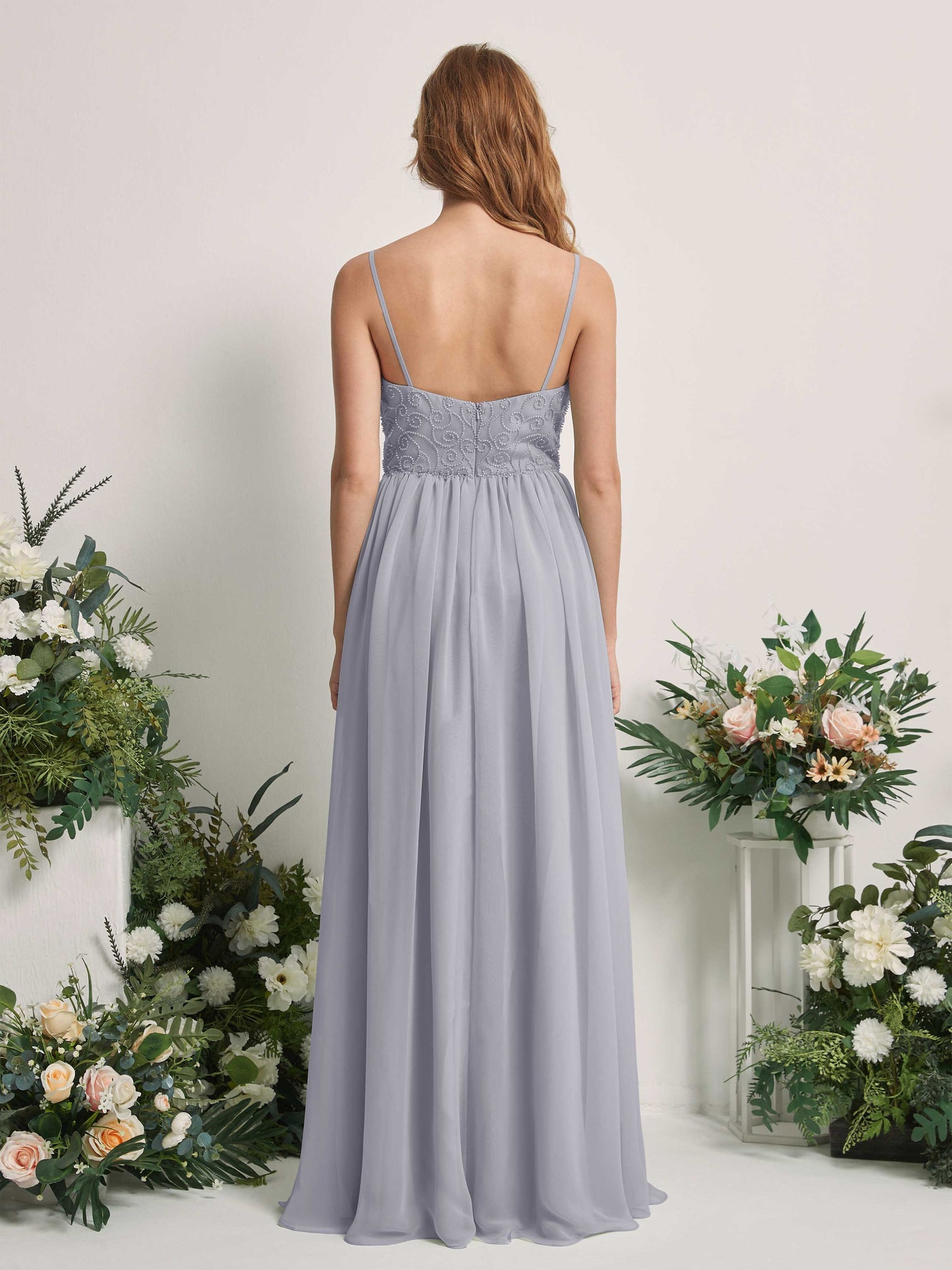 Carlyna Robe trapèze encolure dégagée longueur ras du sol mousseline demoiselle d'honneur Lavande Poudrée #couleur_lavande-poudr-e
