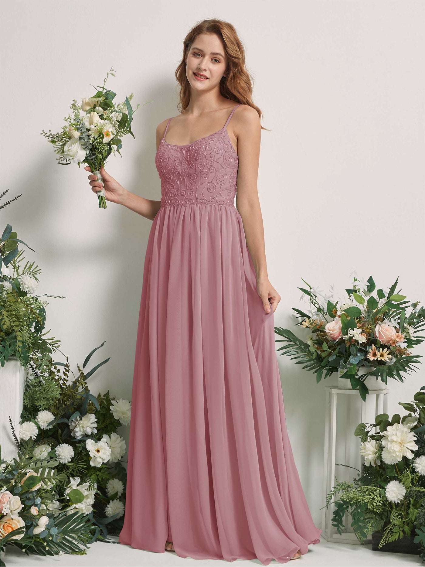 Carlyna Robe trapèze encolure dégagée longueur ras du sol mousseline demoiselle d'honneur Mauve Vintage #couleur_mauve-vintage