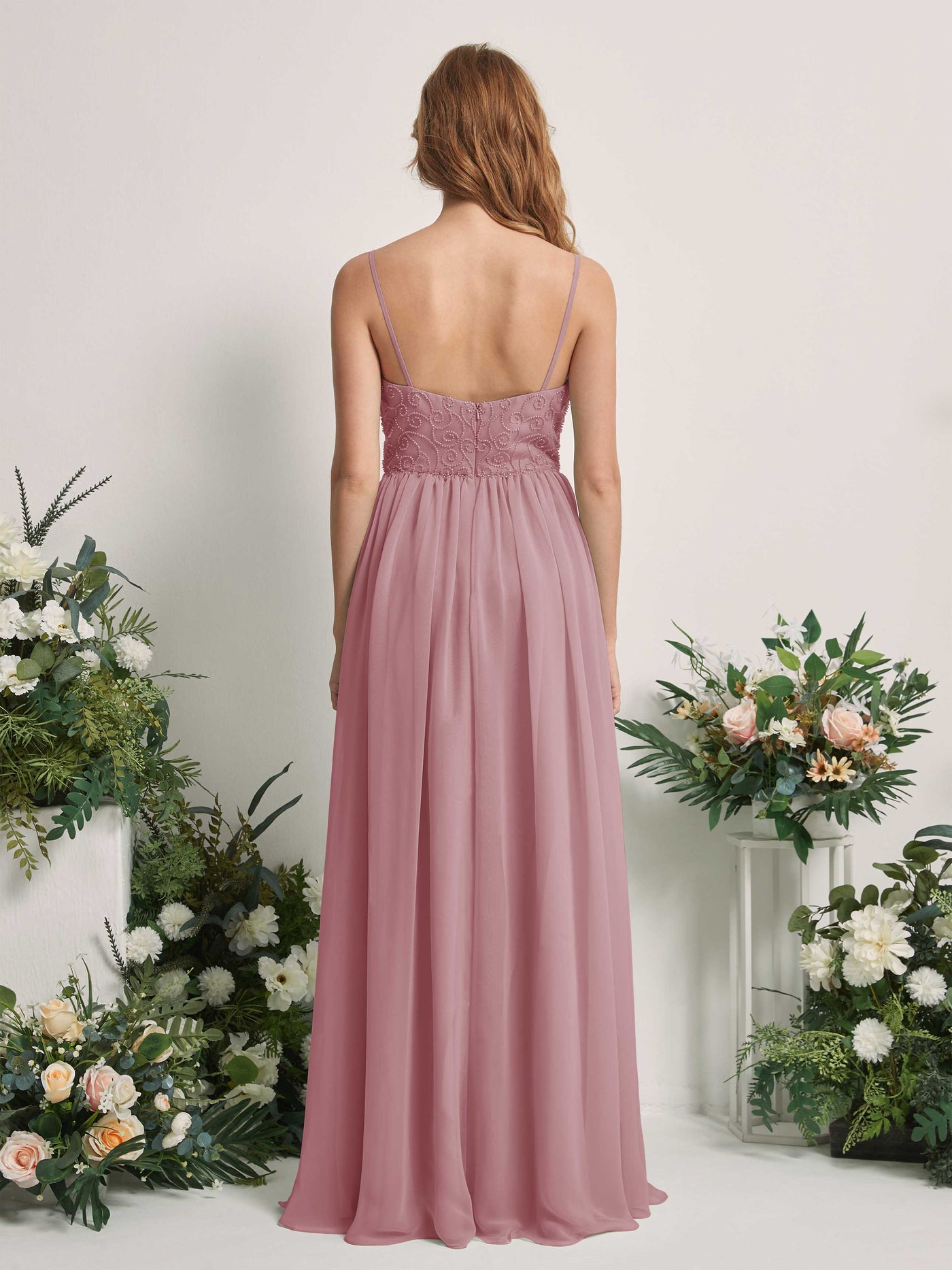 Carlyna Robe trapèze encolure dégagée longueur ras du sol mousseline demoiselle d'honneur Mauve Vintage #couleur_mauve-vintage