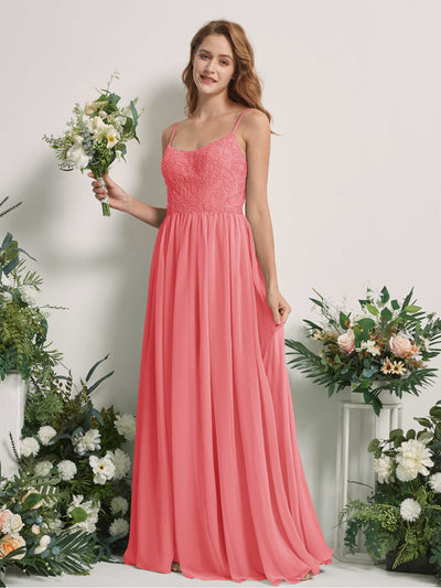 Carlyna Robe trapèze encolure dégagée longueur ras du sol mousseline demoiselle d'honneur Rose Corail #couleur_rose-corail