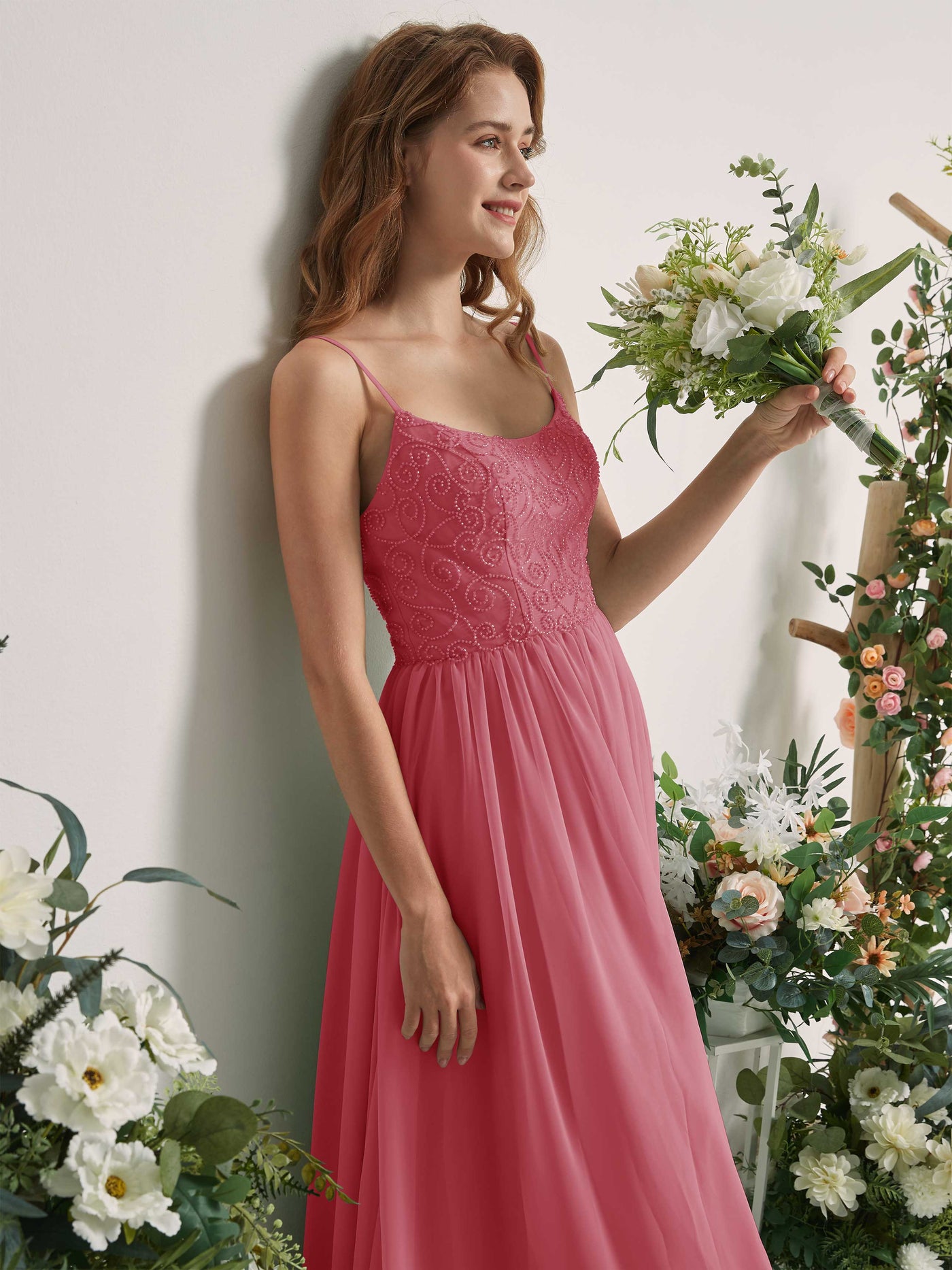 Carlyna Robe trapèze encolure dégagée longueur ras du sol mousseline demoiselle d'honneur Rose Du Désert #couleur_rose-du-d-sert