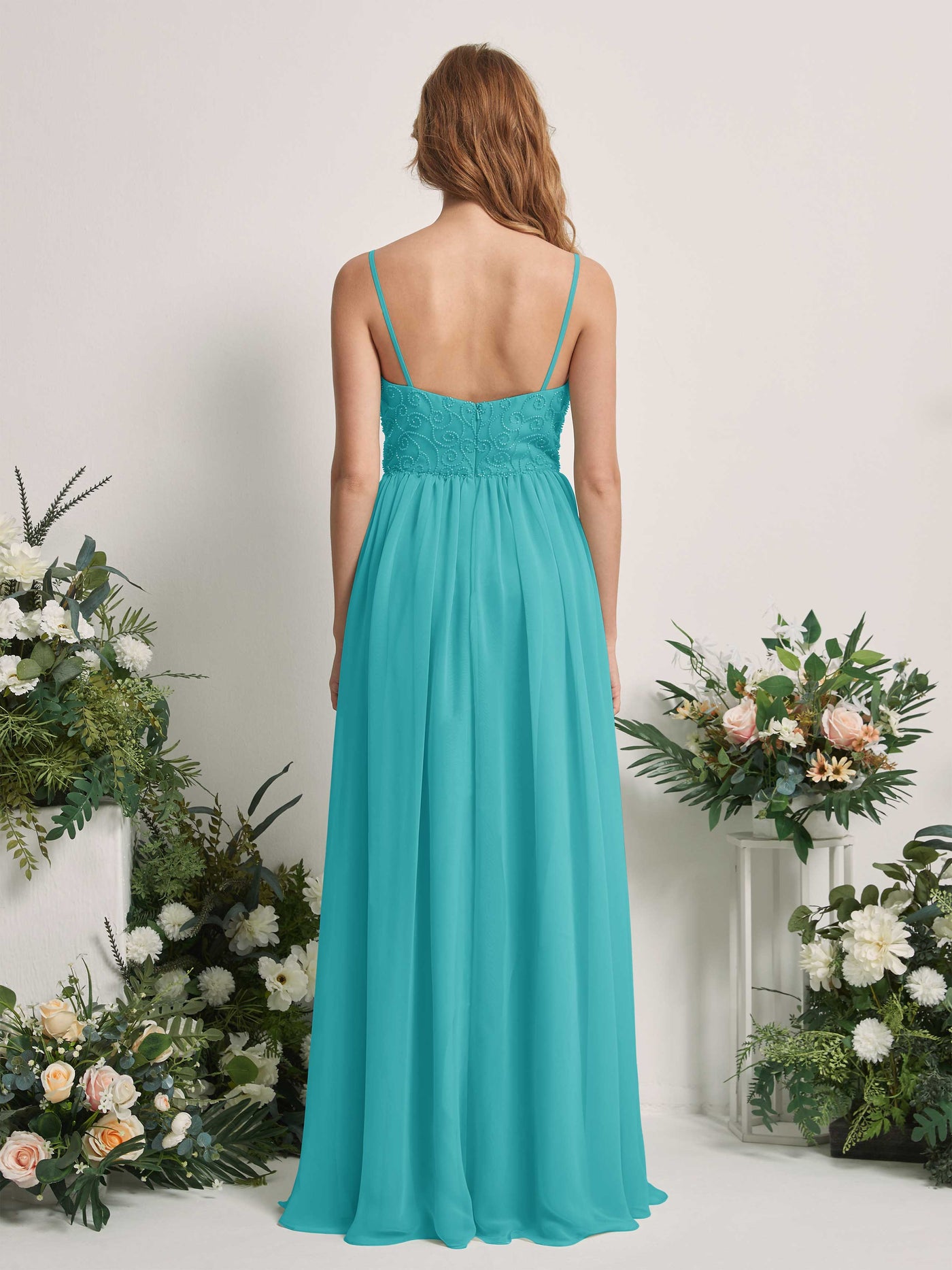 Carlyna Robe trapèze encolure dégagée longueur ras du sol mousseline demoiselle d'honneur Turquoise #couleur_turquoise