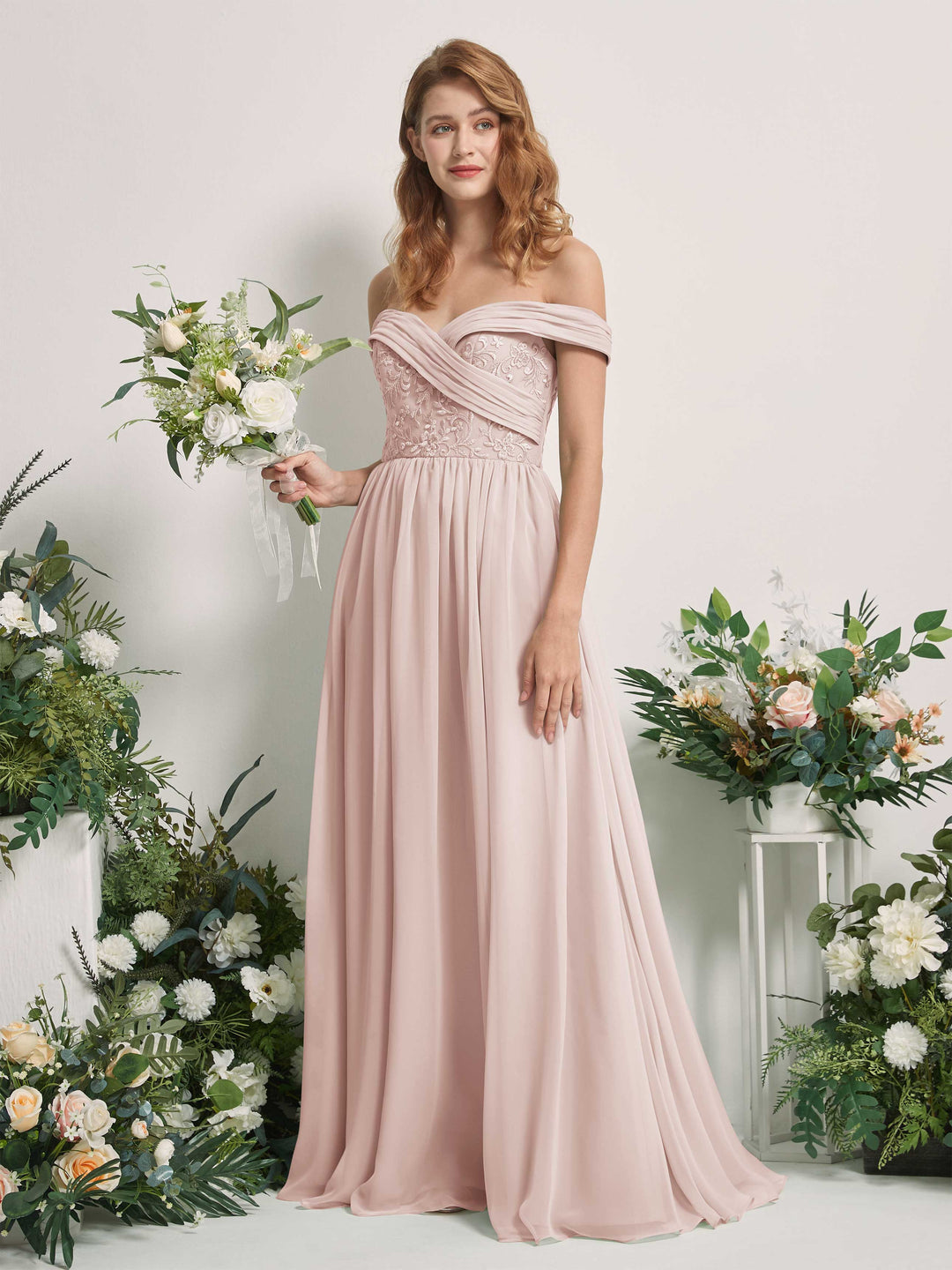 Carlyna Robe Trapèze Épaule Dénudée Longueur Ras du Sol Brodée Robes de Demoiselle d&