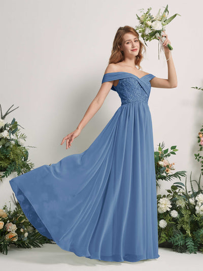 Carlyna Robe Trapèze Épaule Dénudée Longueur Ras du Sol Brodée Robes de Demoiselle d'honneur Bleu Poussiéreux #couleur_bleu-poussi-reux