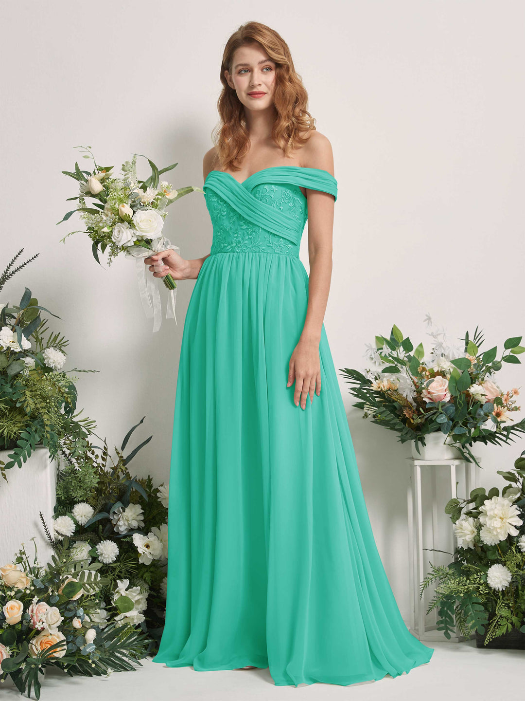 Carlyna Robe Trapèze Épaule Dénudée Longueur Ras du Sol Brodée Robes de Demoiselle d&