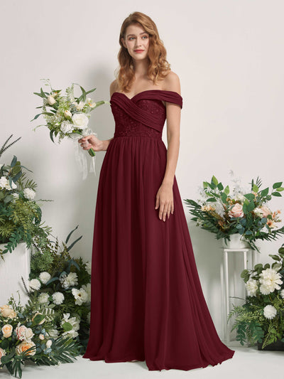 Carlyna Robe Trapèze Épaule Dénudée Longueur Ras du Sol Brodée Robes de Demoiselle d'honneur Bordeaux #couleur_bordeaux