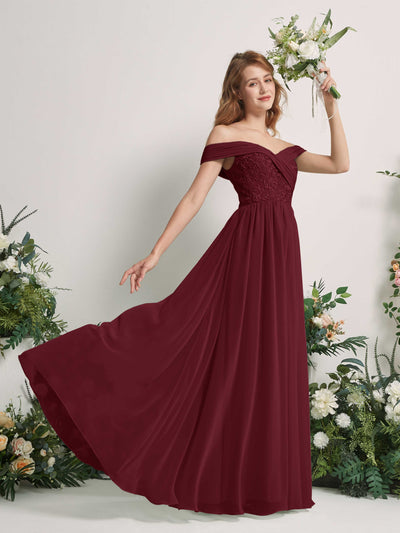 Carlyna Robe Trapèze Épaule Dénudée Longueur Ras du Sol Brodée Robes de Demoiselle d'honneur Bordeaux #couleur_bordeaux