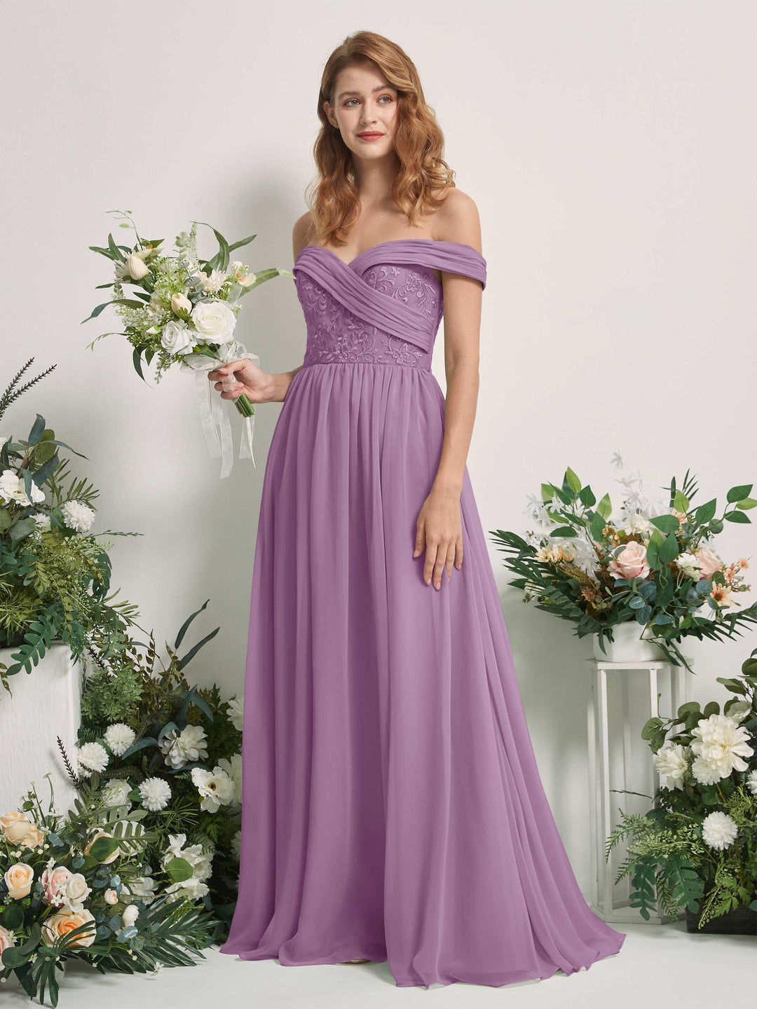 Carlyna Robe Trapèze Épaule Dénudée Longueur Ras du Sol Brodée Robes de Demoiselle d&