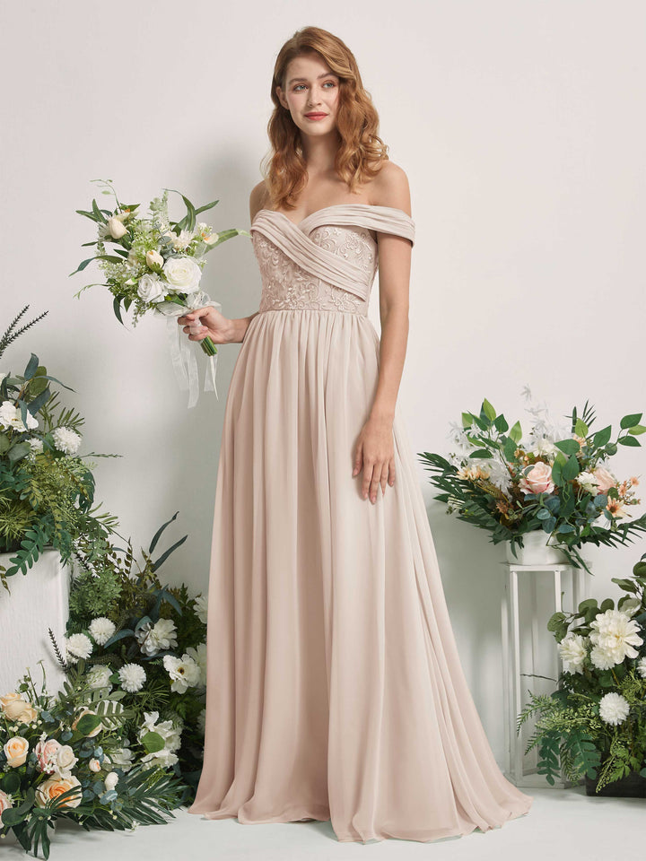 Carlyna Robe Trapèze Épaule Dénudée Longueur Ras du Sol Brodée Robes de Demoiselle d&