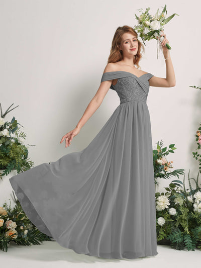 Carlyna Robe Trapèze Épaule Dénudée Longueur Ras du Sol Brodée Robes de Demoiselle d'honneur Gris Acier #couleur_gris-acier