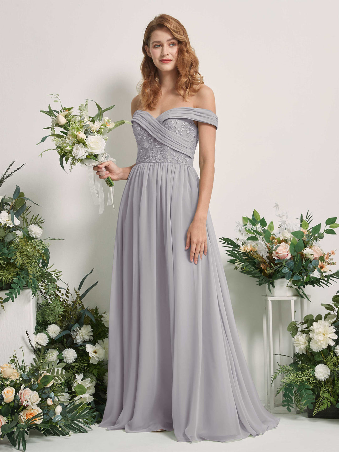 Carlyna Robe Trapèze Épaule Dénudée Longueur Ras du Sol Brodée Robes de Demoiselle d&