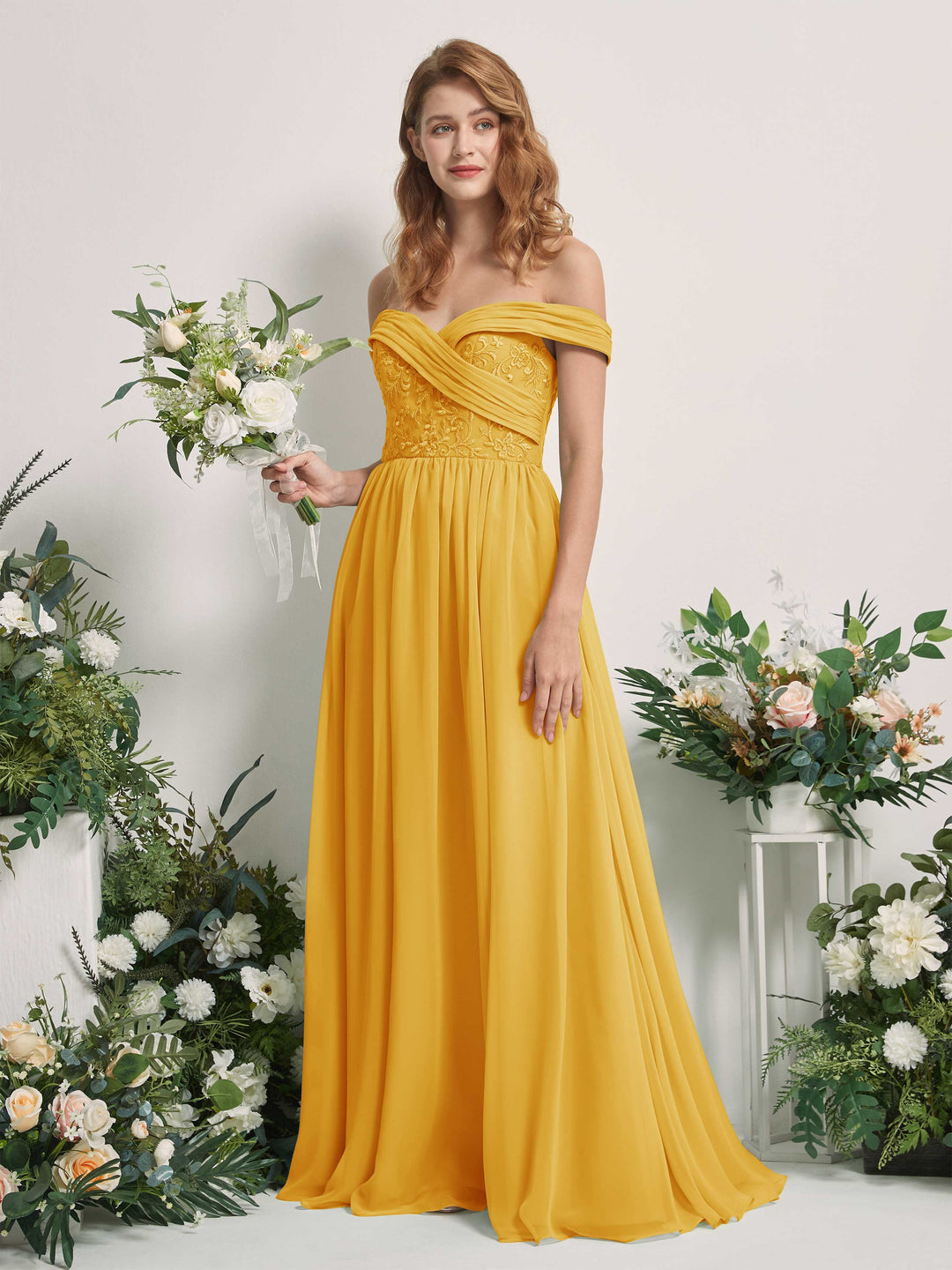 Carlyna Robe Trapèze Épaule Dénudée Longueur Ras du Sol Brodée Robes de Demoiselle d&