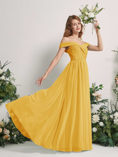 Carlyna Robe Trapèze Épaule Dénudée Longueur Ras du Sol Brodée Robes de Demoiselle d'honneur Jaune Moutard #couleur_jaune-moutard